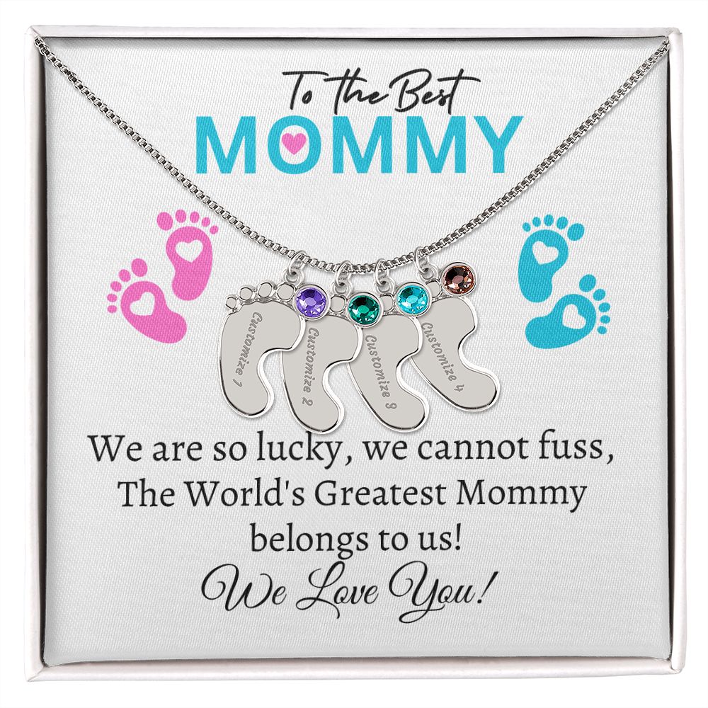 To Our Mommy - We love you ( New Mommy/ Boy / Girl Twins / Triplets/ Quads Card) - Baby Feet Necklace