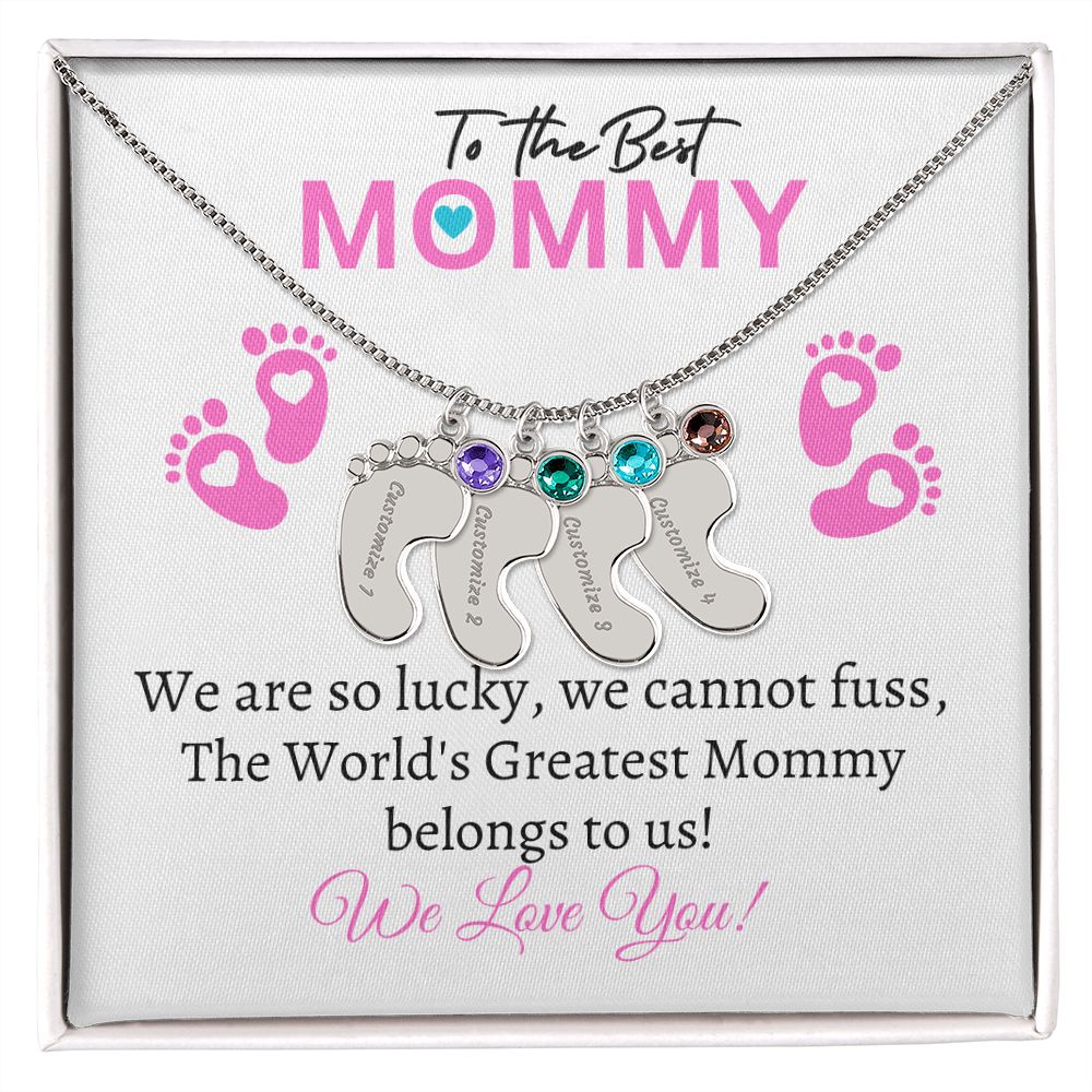 To Our Mommy - We love you (New Mommy / Girl Twins / Triplets/ Quads Card) - Baby Feet Necklace