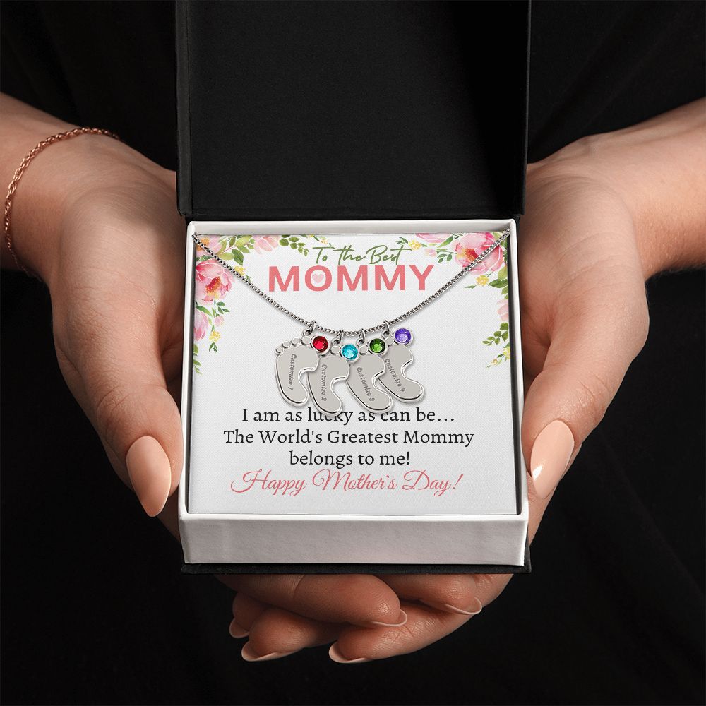 To My Mommy (Lucky White Card) - Customized Baby Feet Necklace