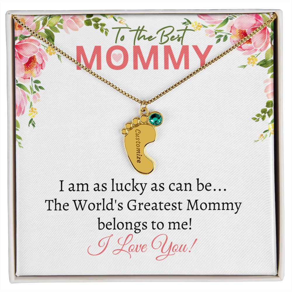 To My Mommy - I love you (White Card Card) - Baby Feet Necklace