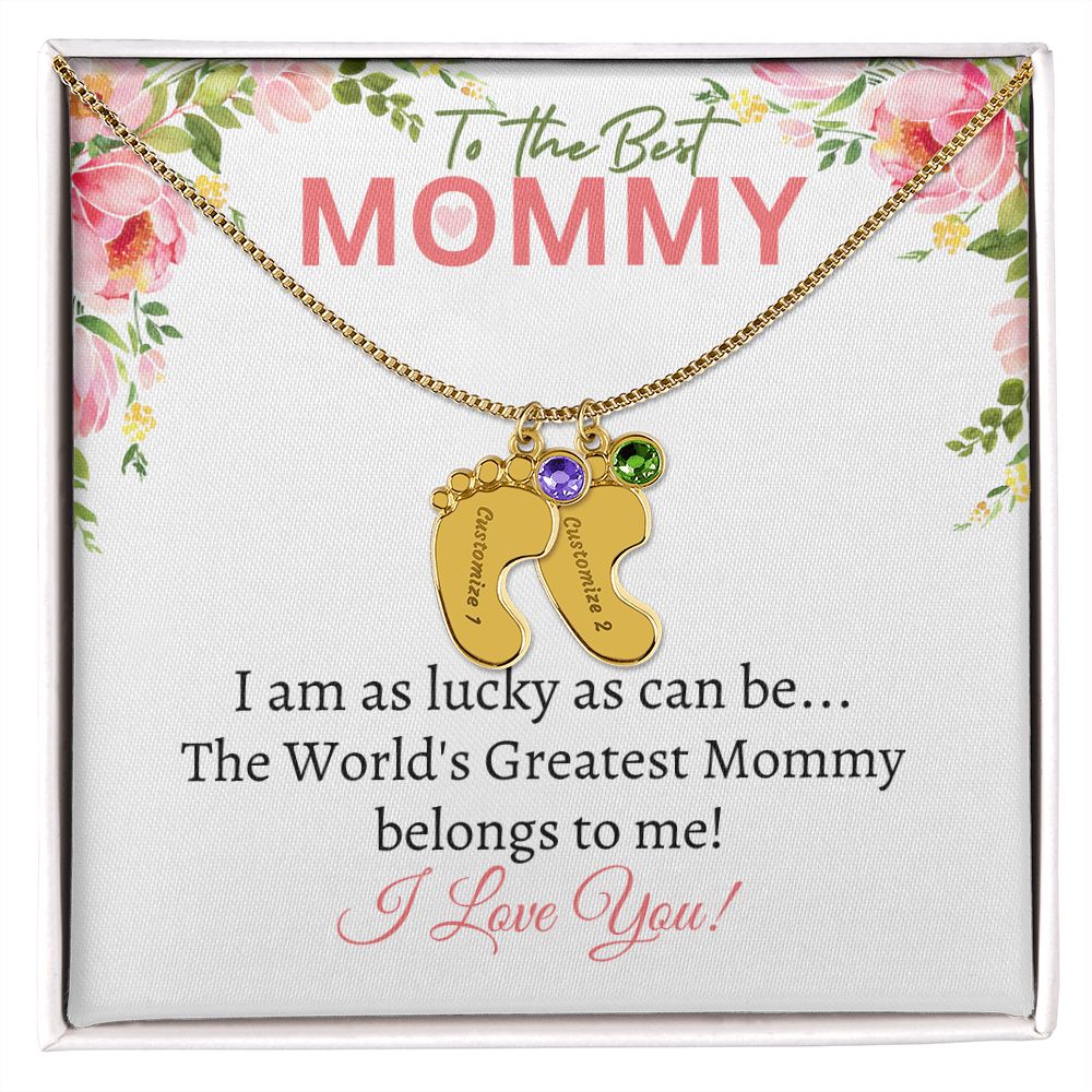 To My Mommy - I love you (White Card Card) - Baby Feet Necklace