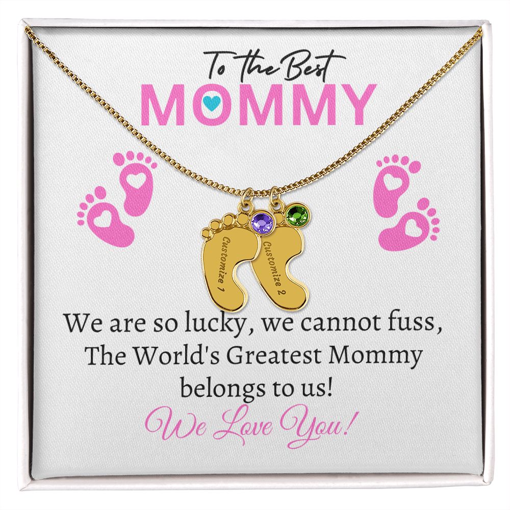 To Our Mommy - We love you (New Mommy / Girl Twins / Triplets/ Quads Card) - Baby Feet Necklace