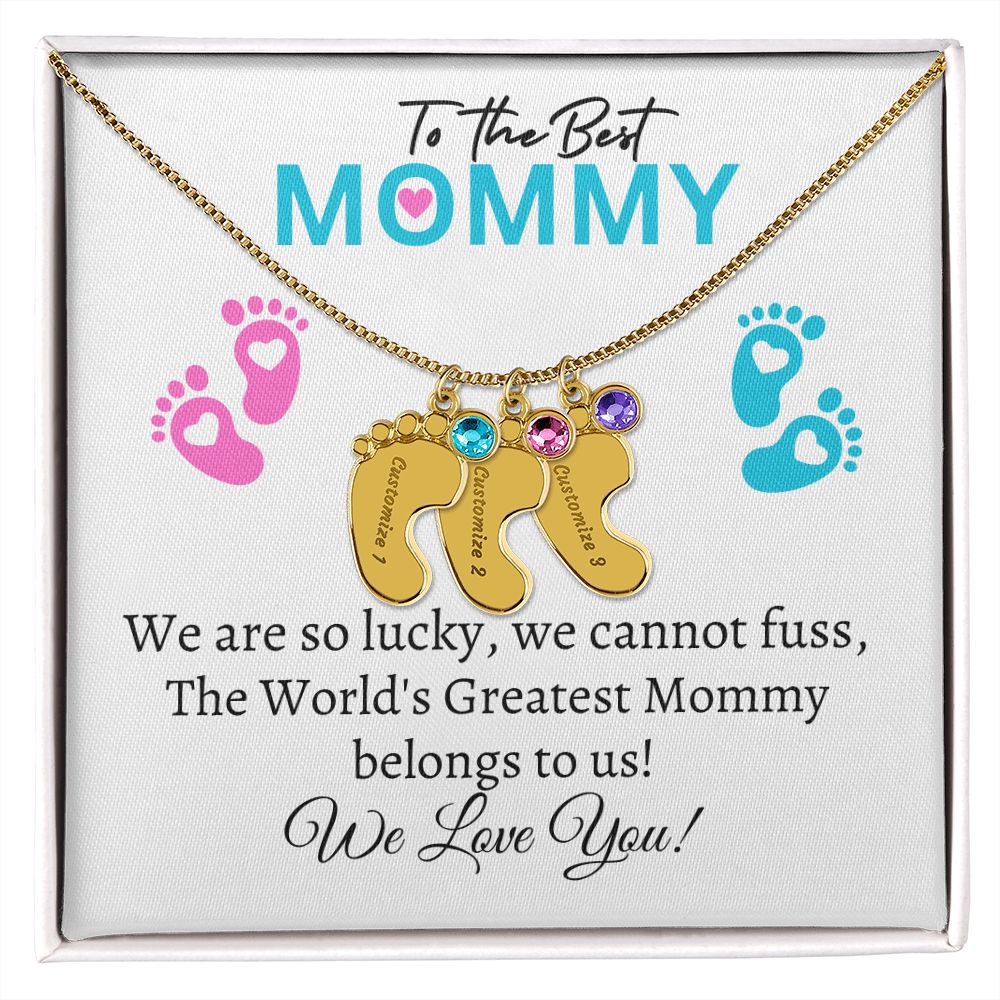 To Our Mommy - We love you ( New Mommy/ Boy / Girl Twins / Triplets/ Quads Card) - Baby Feet Necklace