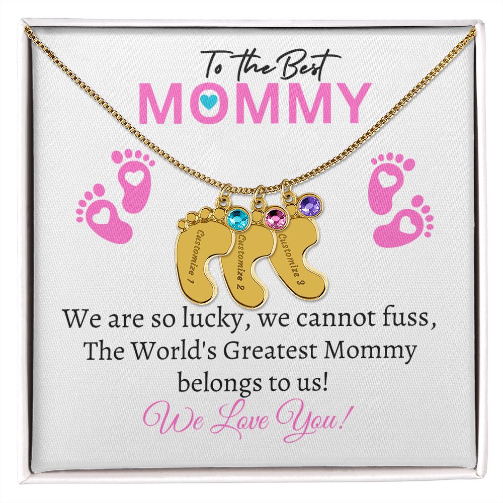 To Our Mommy - We love you (New Mommy / Girl Twins / Triplets/ Quads Card) - Baby Feet Necklace