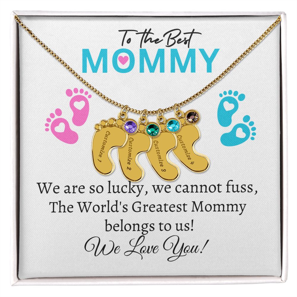 To Our Mommy - We love you ( New Mommy/ Boy / Girl Twins / Triplets/ Quads Card) - Baby Feet Necklace