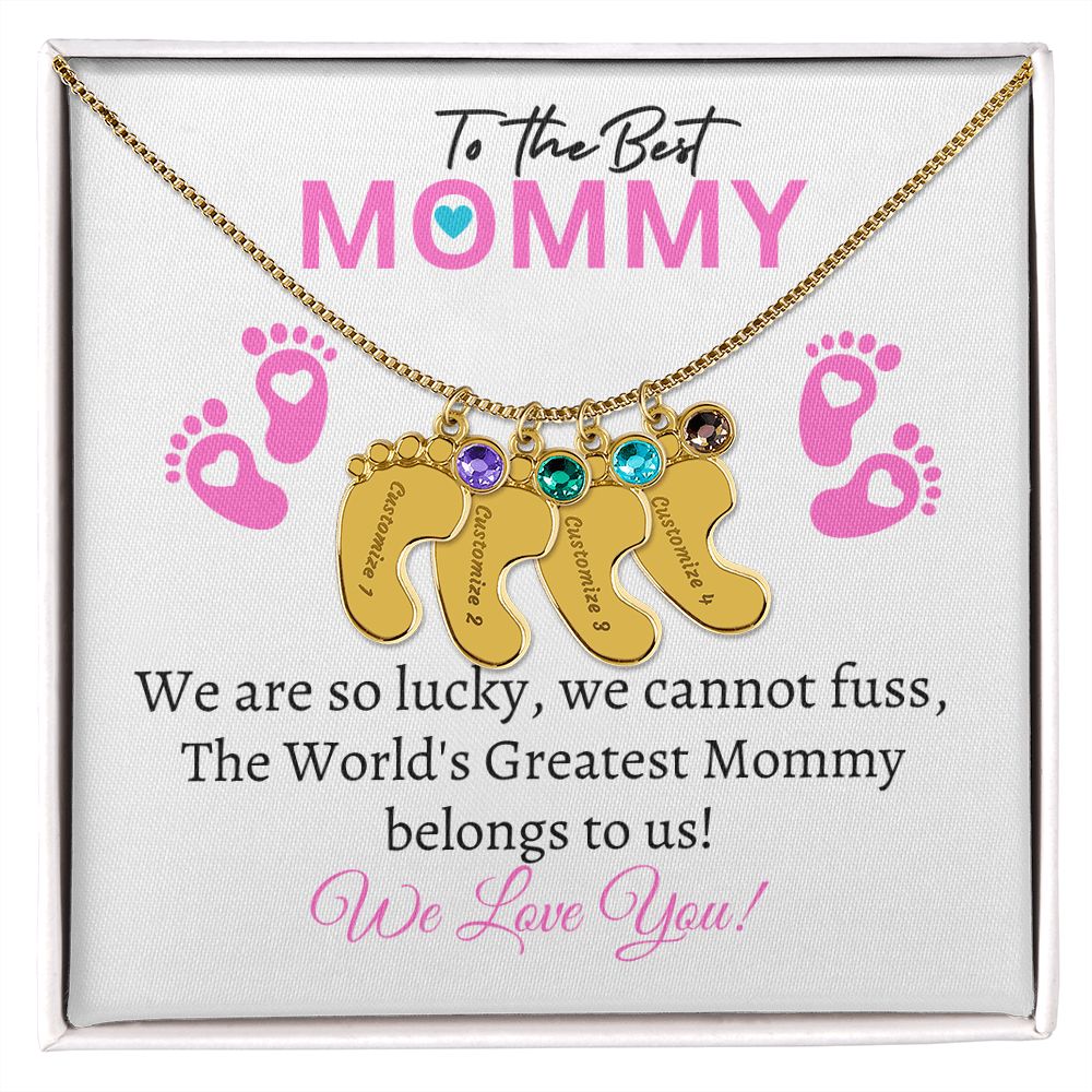 To Our Mommy - We love you (New Mommy / Girl Twins / Triplets/ Quads Card) - Baby Feet Necklace