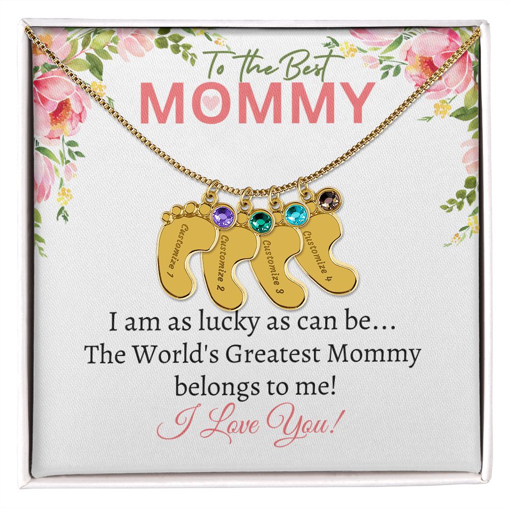 To My Mommy - I love you (White Card Card) - Baby Feet Necklace