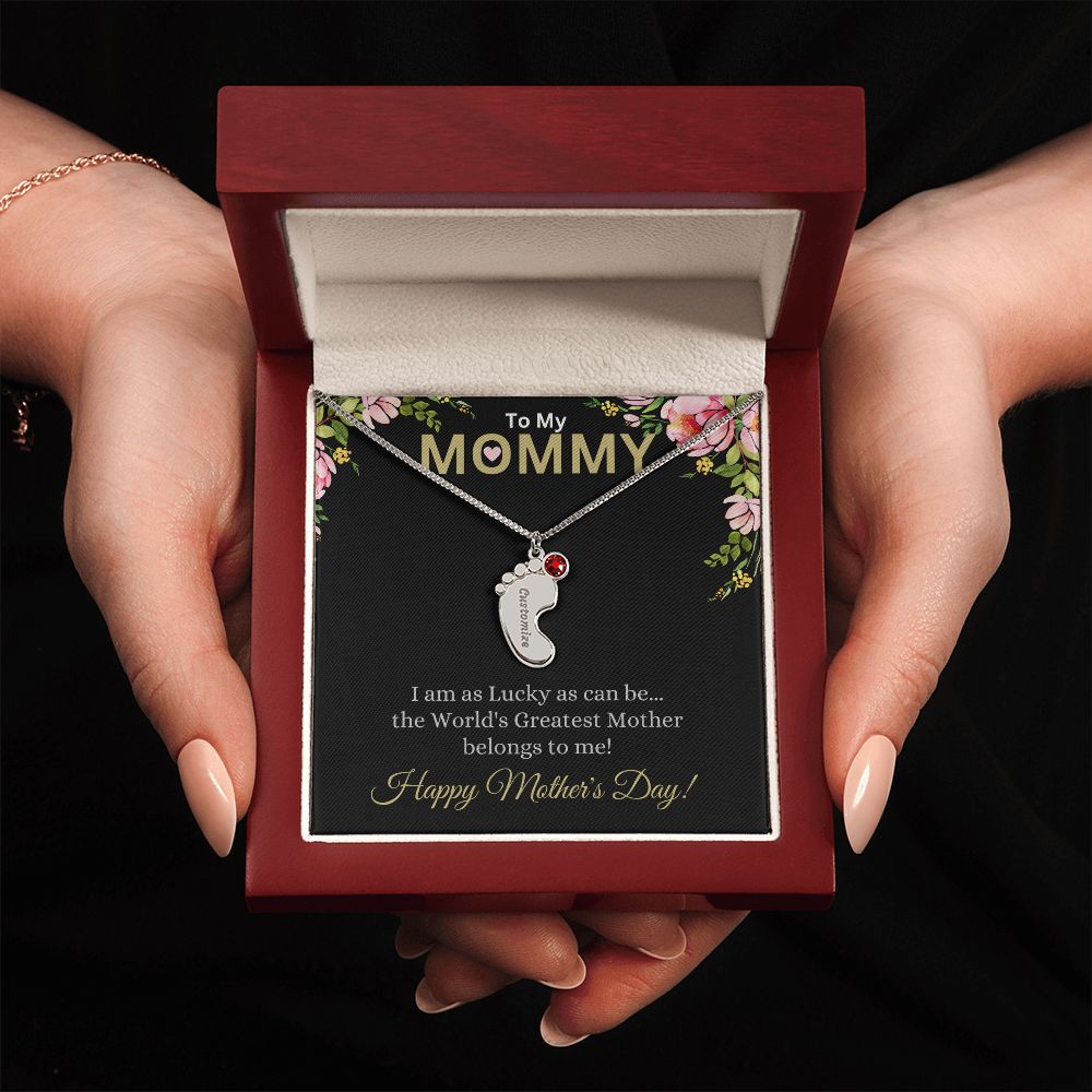 To My Mommy (Lucky Black Card) - Customized Baby Feet Necklace