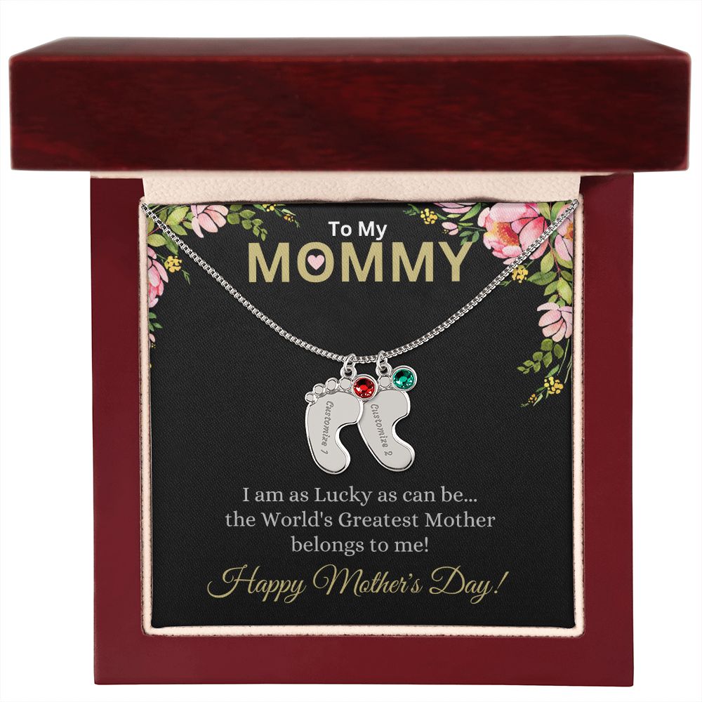 To My Mommy (Lucky Black Card) - Customized Baby Feet Necklace