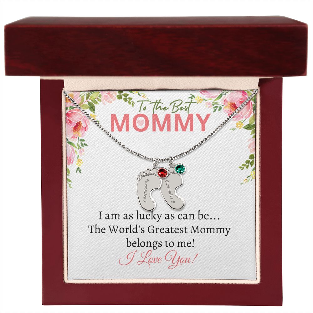 To My Mommy - I love you (White Card Card) - Baby Feet Necklace