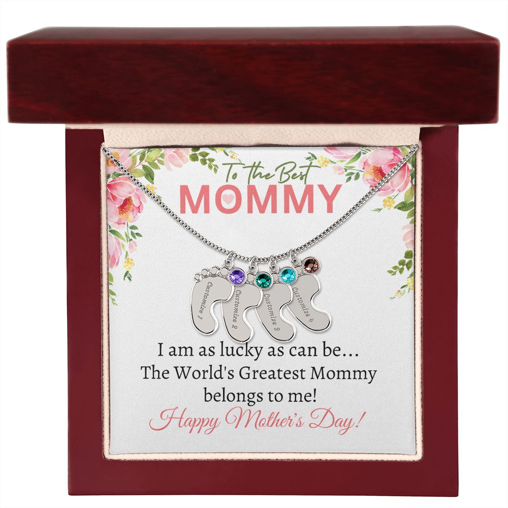 To My Mommy (Lucky White Card) - Customized Baby Feet Necklace