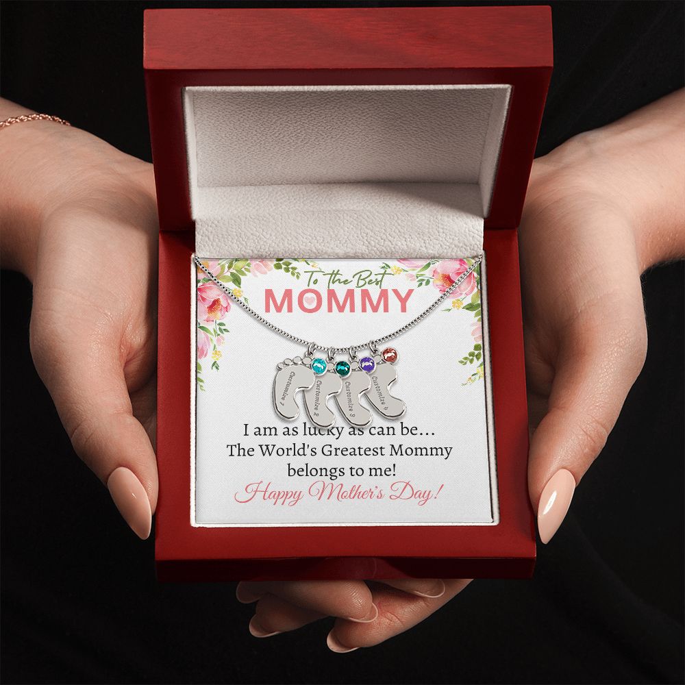 To My Mommy (Lucky White Card) - Customized Baby Feet Necklace