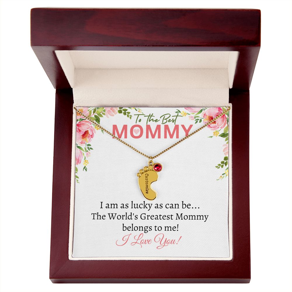 To My Mommy - I love you (White Card Card) - Baby Feet Necklace