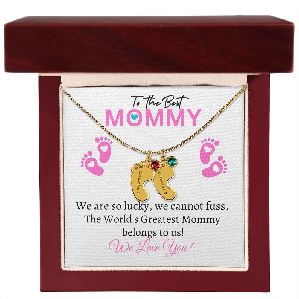 To Our Mommy - We love you (New Mommy / Girl Twins / Triplets/ Quads Card) - Baby Feet Necklace