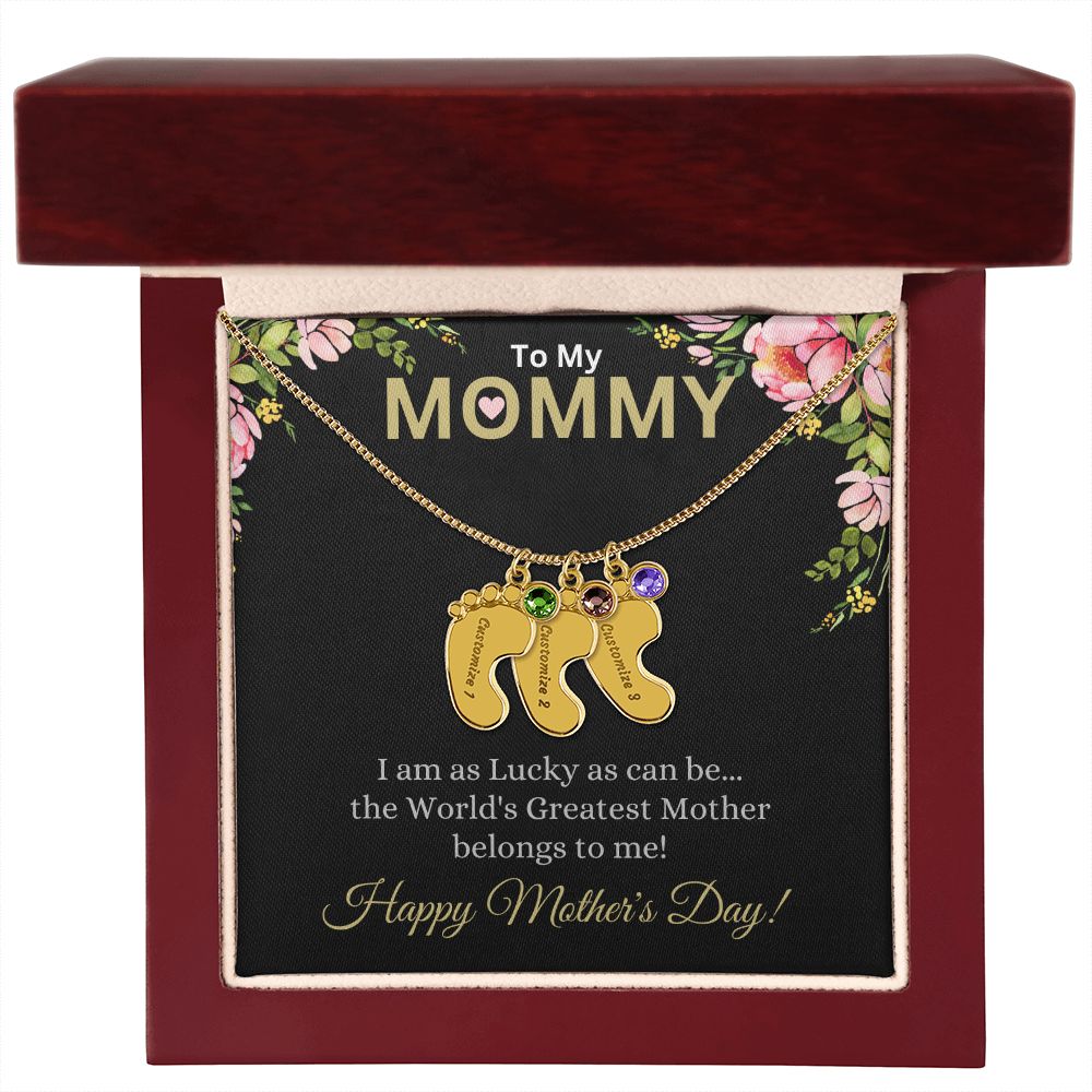 To My Mommy (Lucky Black Card) - Customized Baby Feet Necklace