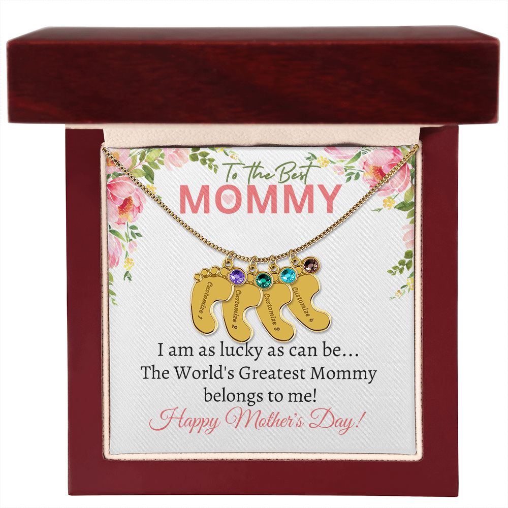 To My Mommy (Lucky White Card) - Customized Baby Feet Necklace