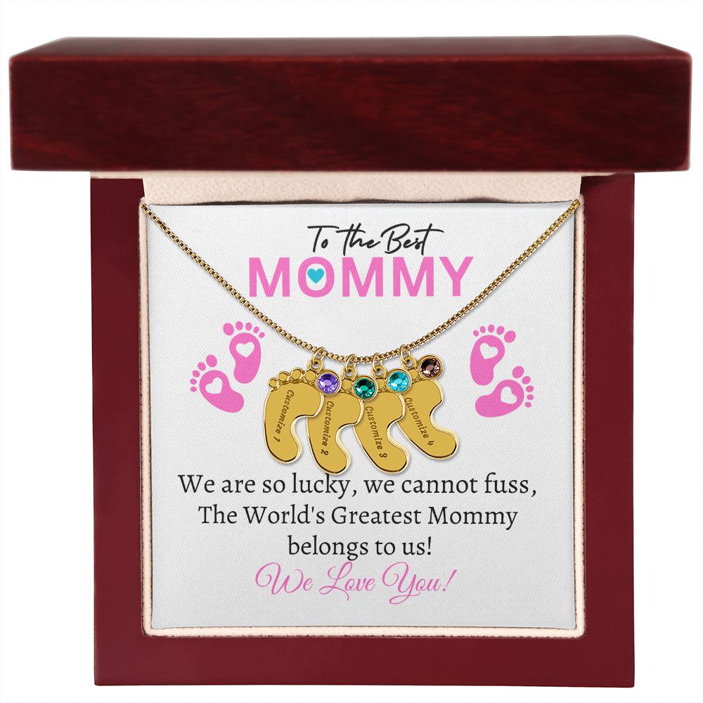 To Our Mommy - We love you (New Mommy / Girl Twins / Triplets/ Quads Card) - Baby Feet Necklace