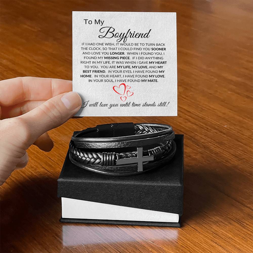 To My Boyfriend(hearts) - Men's Cross Leather Bracelet