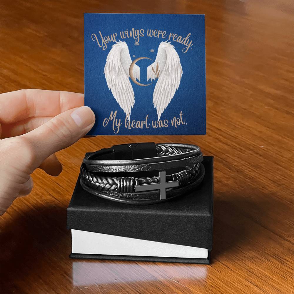 Your Wings were Ready (Sympathy / In Memory . Angel Wings) - Men's Cross Leather Bracelet