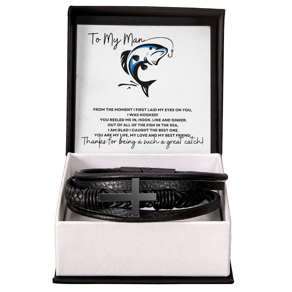 To My Man (Great Catch) - Men's Cross Leather Bracelet