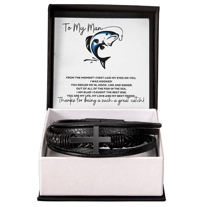 To My Man (Great Catch) - Men's Cross Leather Bracelet