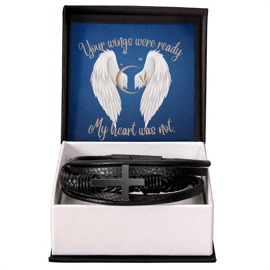 Your Wings were Ready (Sympathy / In Memory . Angel Wings) - Men's Cross Leather Bracelet