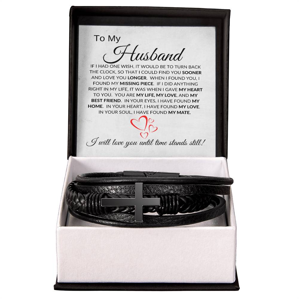 To My Husband (HEarts) - Men's Cross Leather Bracelet