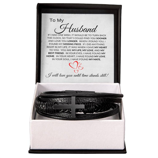 To My Husband (HEarts) - Men's Cross Leather Bracelet