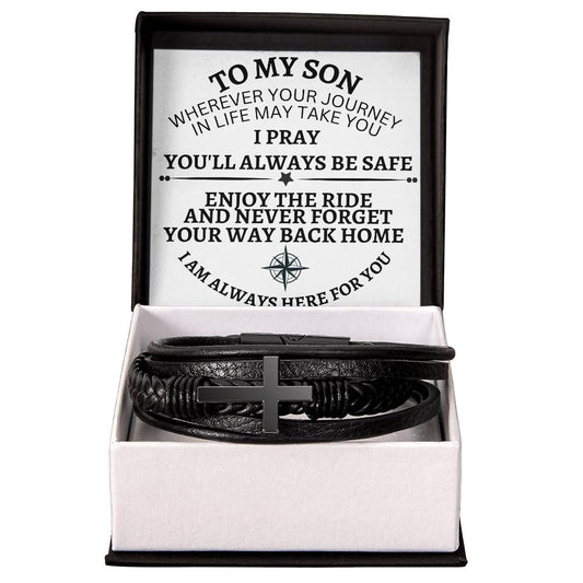 To My Son ( Never Forget your way back home)  - Men's Cross Leather Bracelet