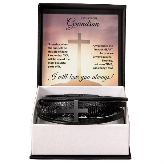 To My Grandson (Cross) - Men's Cross Leather Bracelet