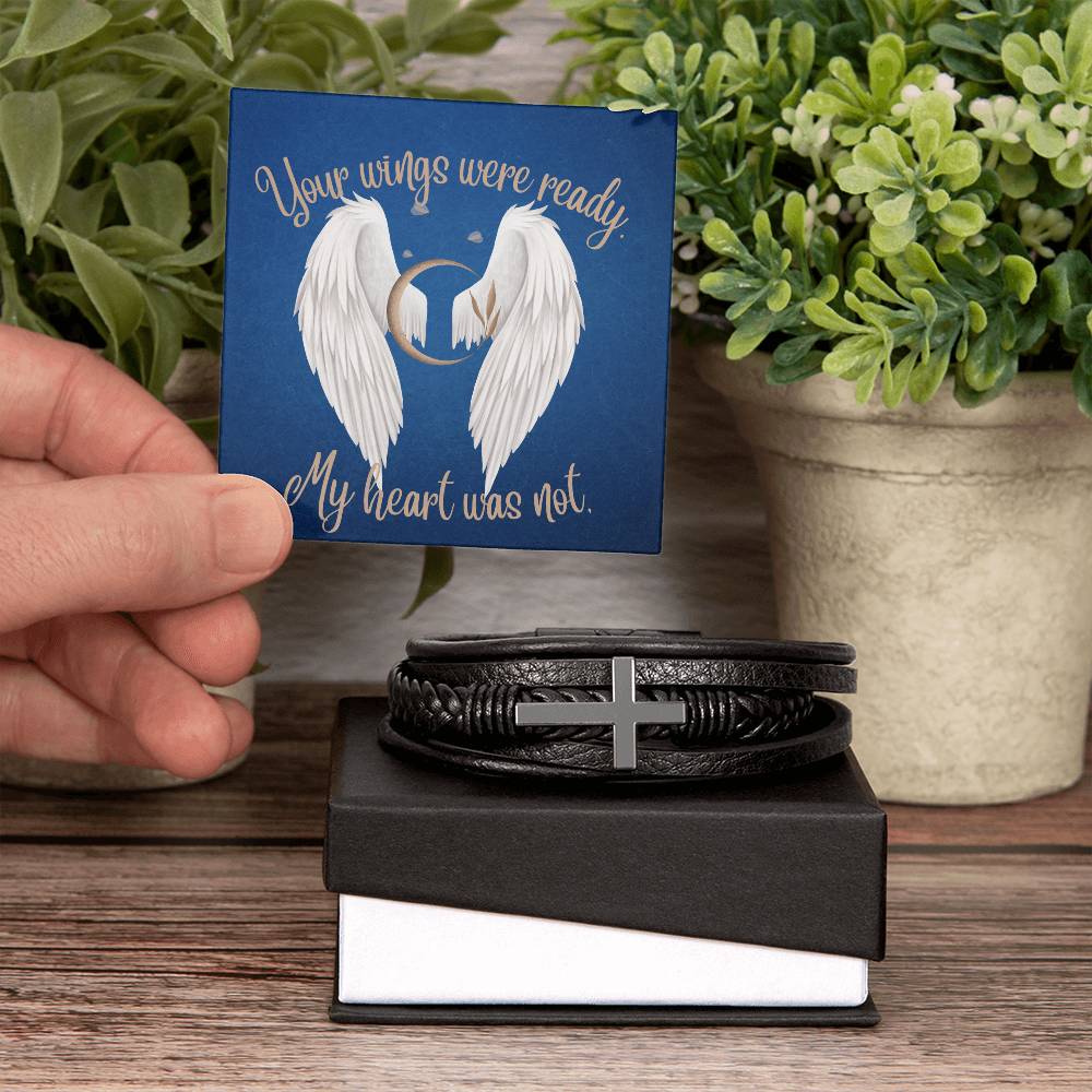 Your Wings were Ready (Sympathy / In Memory . Angel Wings) - Men's Cross Leather Bracelet