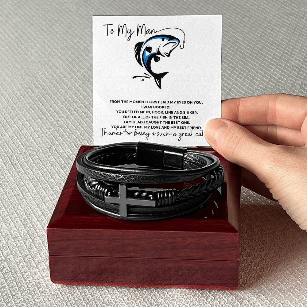 To My Man (Great Catch) - Men's Cross Leather Bracelet