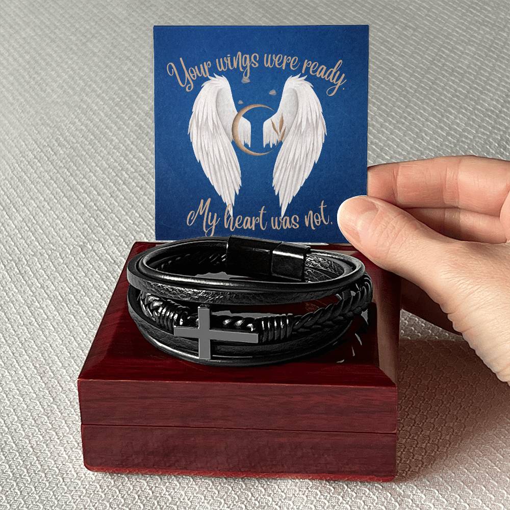 Your Wings were Ready (Sympathy / In Memory . Angel Wings) - Men's Cross Leather Bracelet