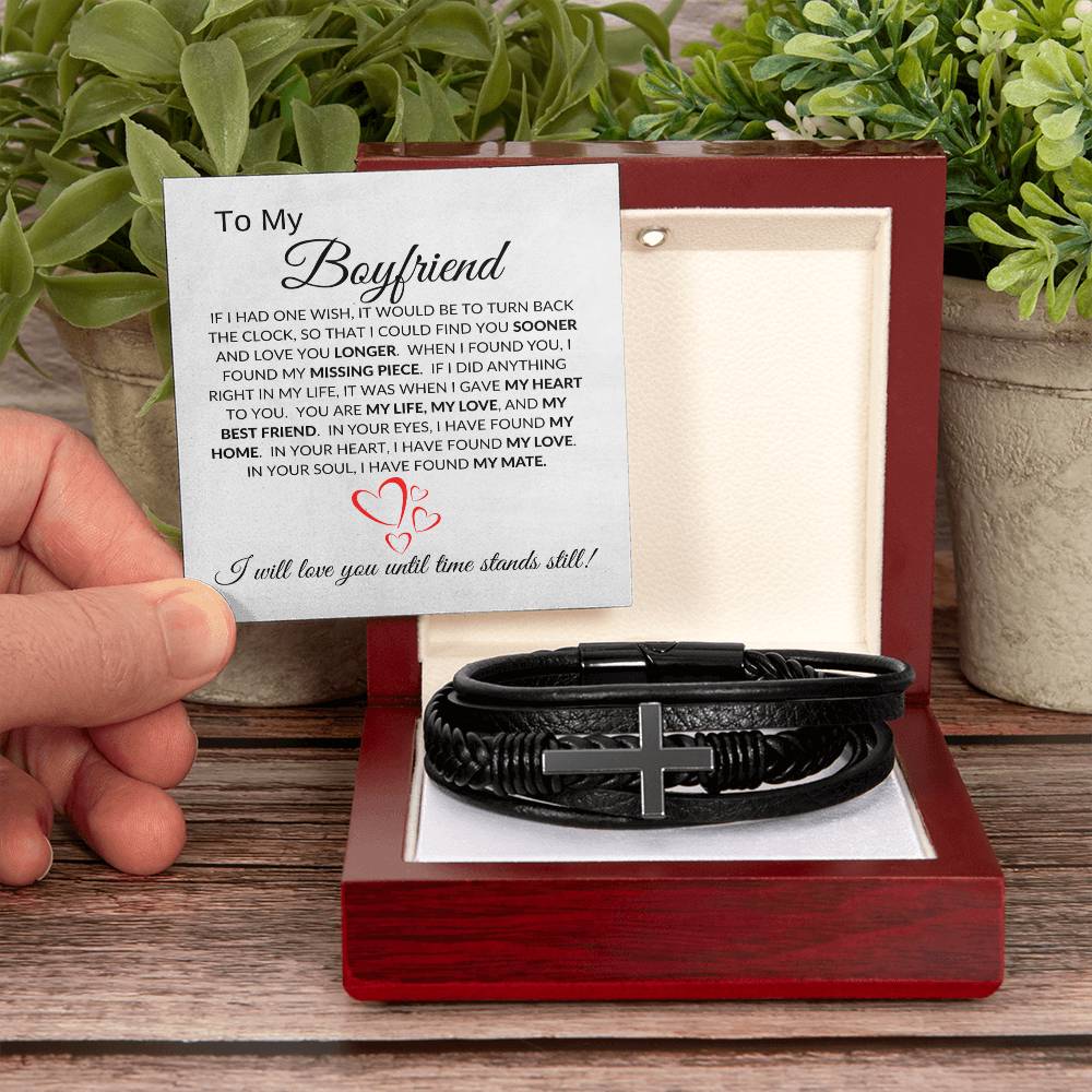 To My Boyfriend(hearts) - Men's Cross Leather Bracelet