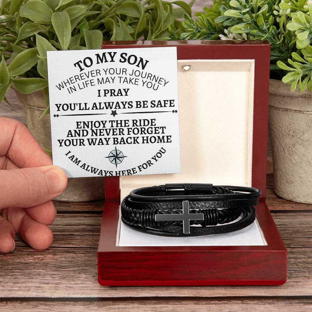 To My Son ( Never Forget your way back home)  - Men's Cross Leather Bracelet