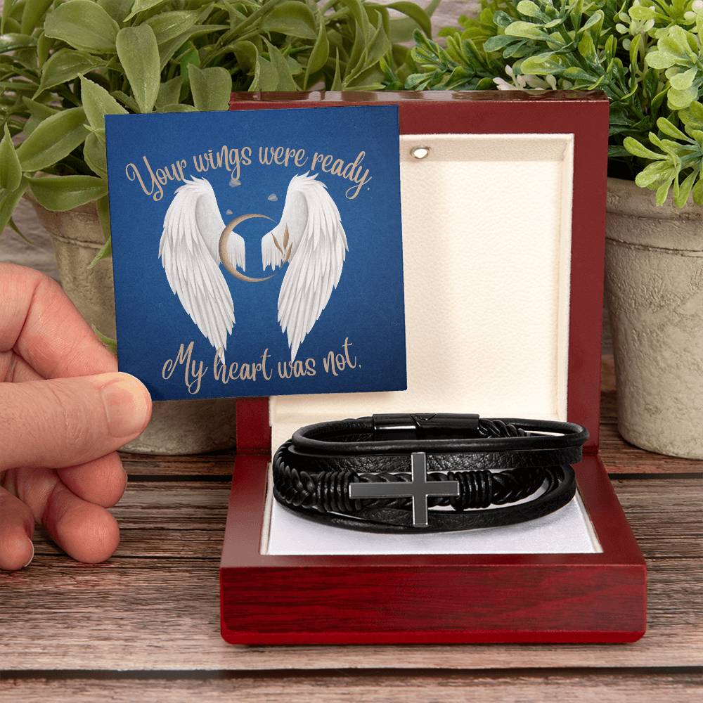 Your Wings were Ready (Sympathy / In Memory . Angel Wings) - Men's Cross Leather Bracelet