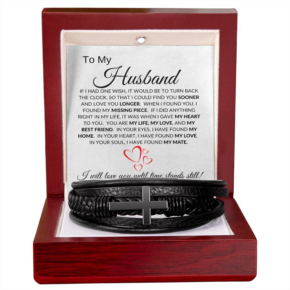 To My Husband (HEarts) - Men's Cross Leather Bracelet