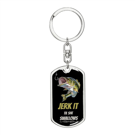 Jerk it (Green Bass  Fish) - Dog Tag Swivel Keychain