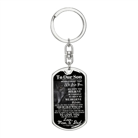 To Our Son From Mom & Dad (Half Wolf) - Dog Tag Swivel Keychain