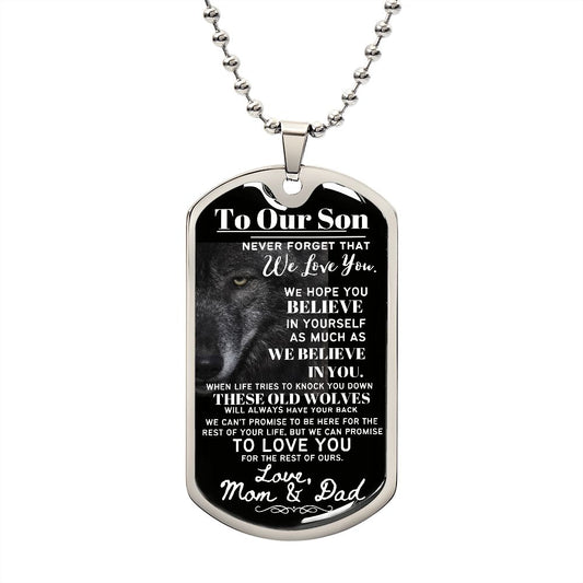 To Our Son From Mom & Dad (Wolf Theme) - Dog Tag