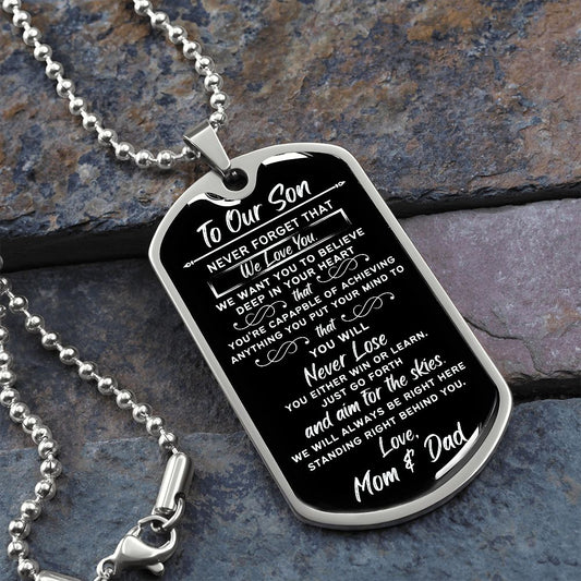 To Our Son from Mom & Dad - Aim for the Skies (Black/White) - Dog Tag