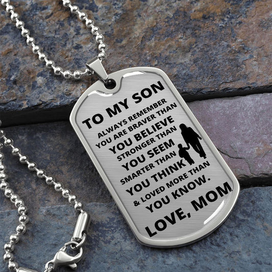 To Son from Mom (Mom and Son Silhouette - Silver) - Dog Tag