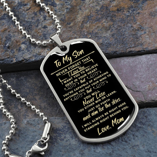 To Son from Mom -Aim for the Skies (Black/Gold print) - Dog Tag