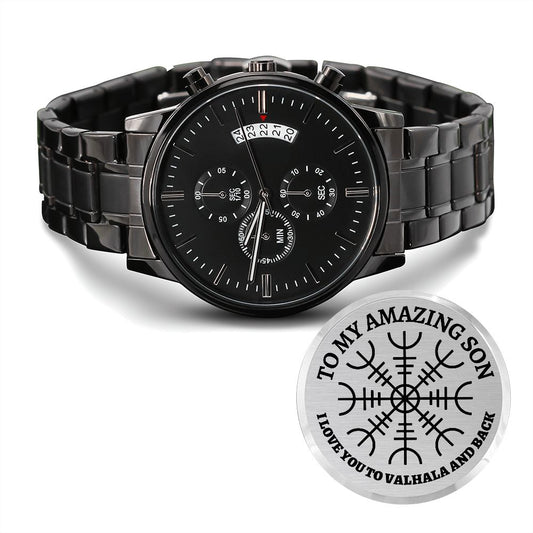 To My Amazing Son (Viking Theme) - Engraved Black Chronograph Watch