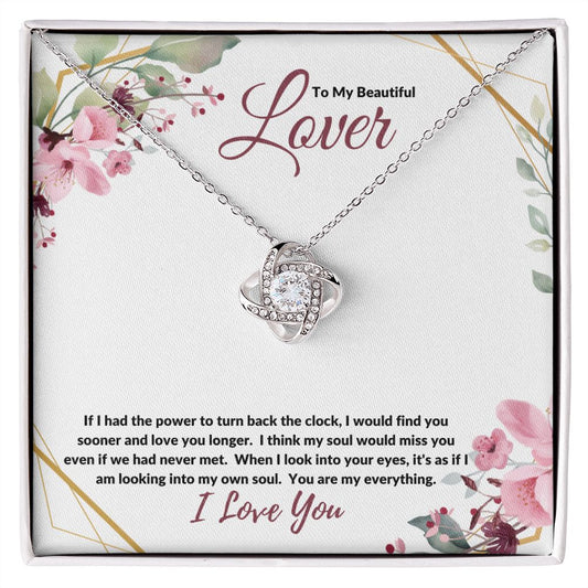 To my Beautiful Lover (Burgundy Card) - Love Knot Necklace