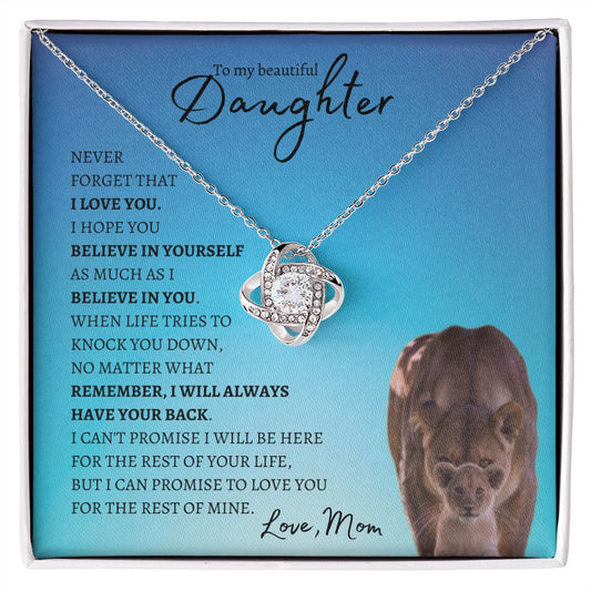 Beautiful Daughter from Mom (Blue Lioness Card) - Love Knot Necklace