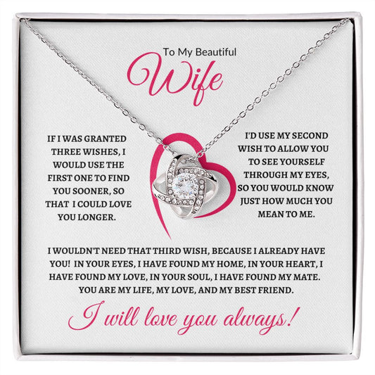 To My Beautiful Wife (Three Wishes Slanted Heart) - Love Knot Necklace