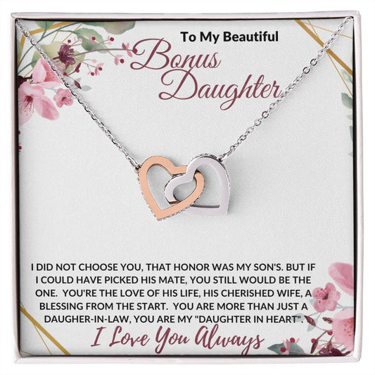 To My Beautiful Bonus / Daughter-in-Law (Burgundy) - Interlocking Hearts Necklace