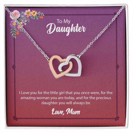 Daughter from Mom (Pink Floral Card) - Interlocking Heart Necklace
