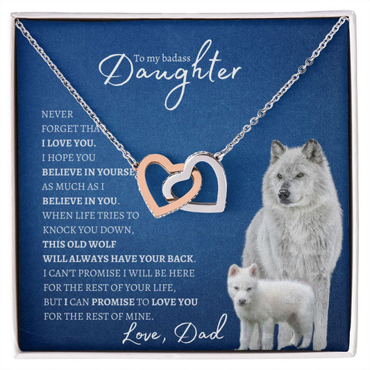 Badass Daughter From Dad (Artic Wolf) - Interlocking Hearts Necklace